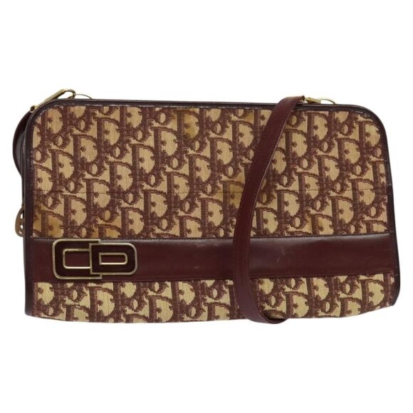 Authentic Christian Dior Trotter Canvas Shoulder Bag Red Gold